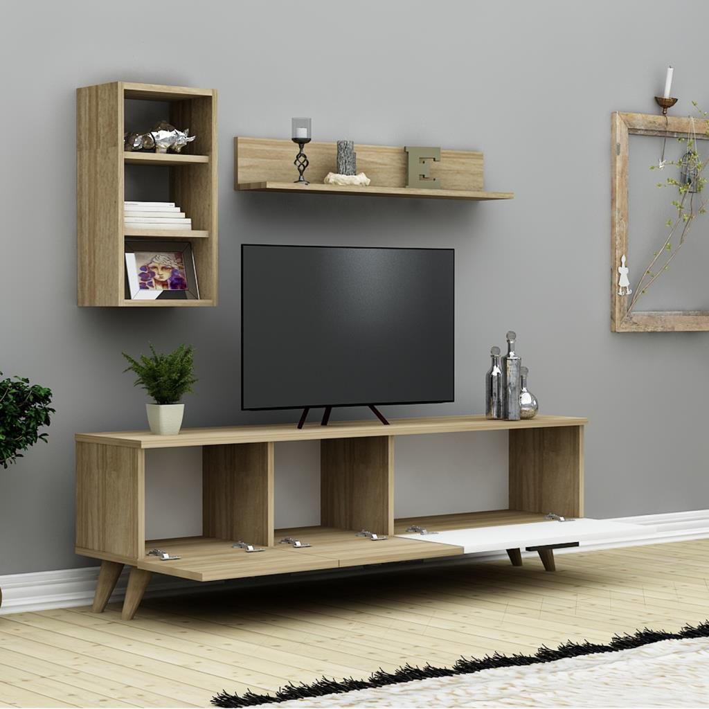 Mueble para TV de pie 140 cm - Roble - con estantes de pared | romaníes