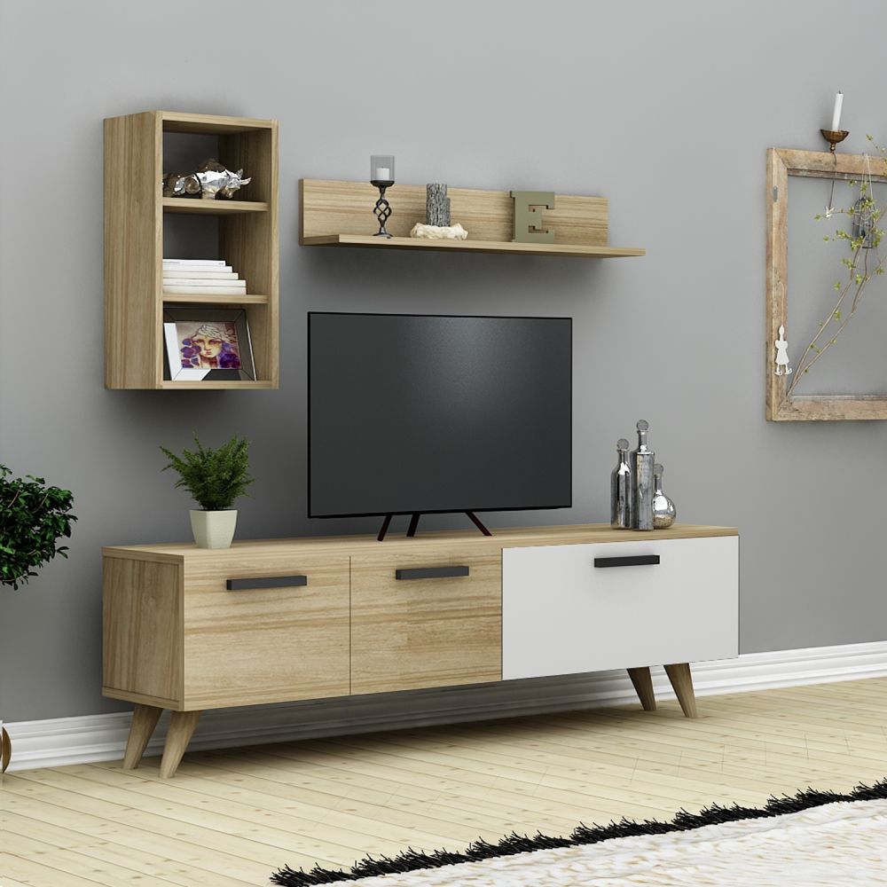 Mueble para TV de pie 140 cm - Roble - con estantes de pared | romaníes