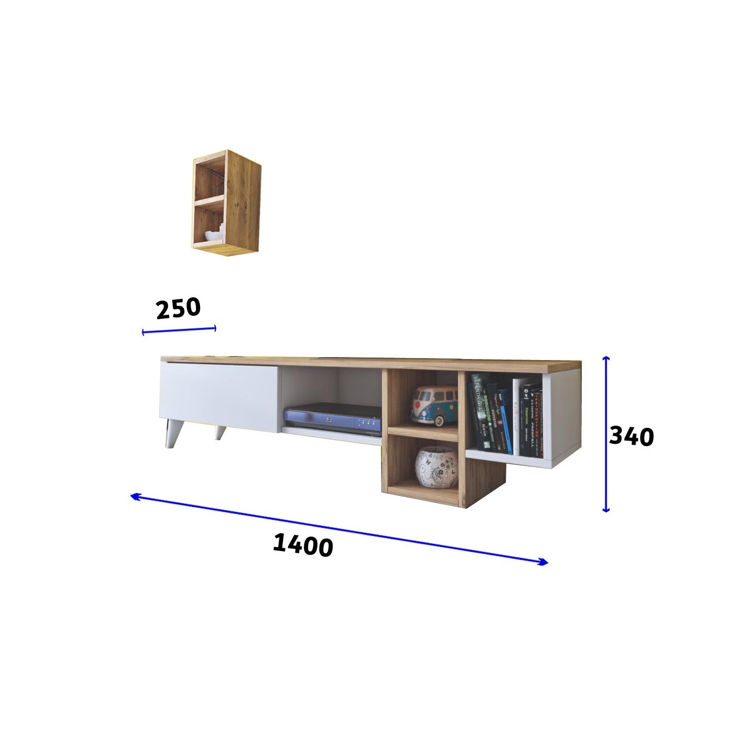 Mueble TV 140 cm De pie - Blanco - Roble con estante de pared | fredo