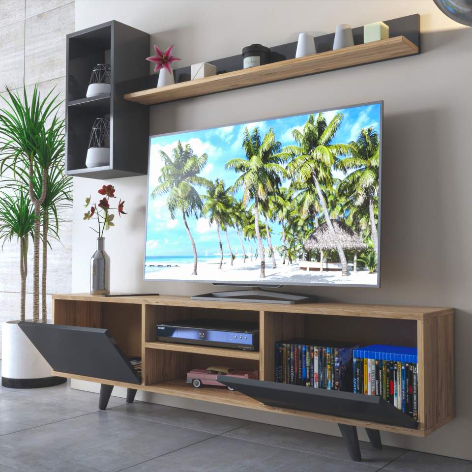 Mueble TV 160 cm De pie - Antracita - Roble con estantes de pared | vaboní