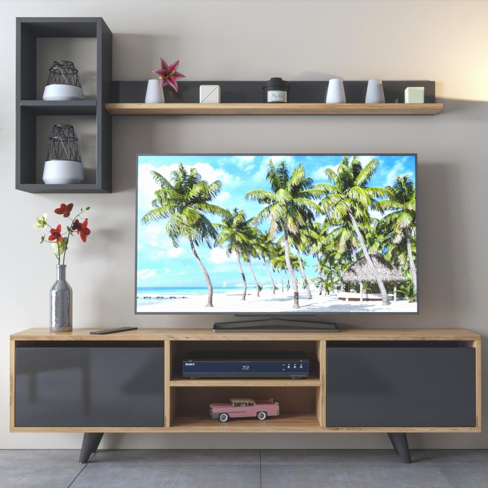 Mueble TV 160 cm De pie - Antracita - Roble con estantes de pared | vaboní