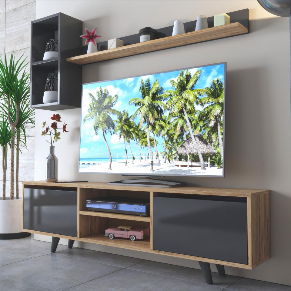 Mueble TV 160 cm De pie - Antracita - Roble con estantes de pared | vaboní