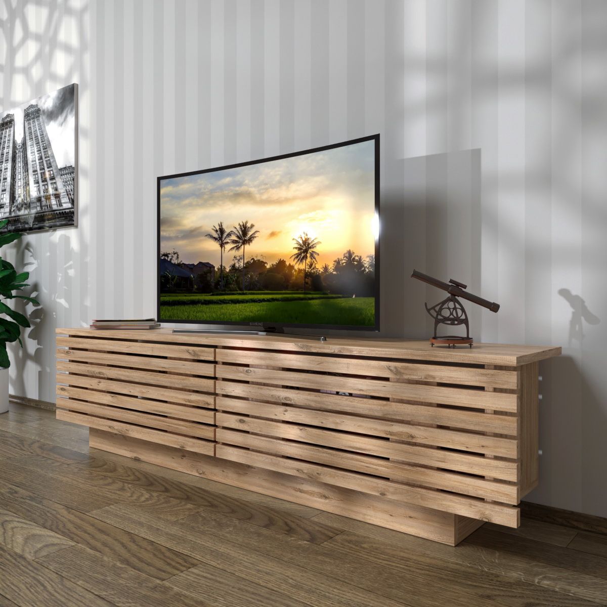 Mueble TV 144 cm De pie - Roble - Estilo panel de pared | Valii