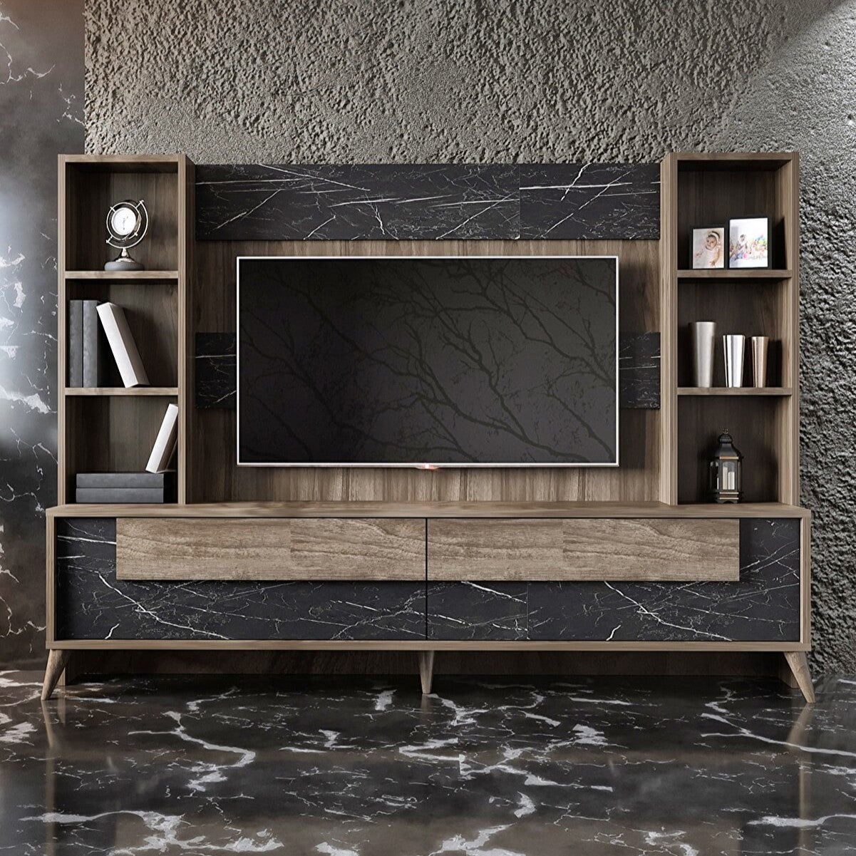 Stand de TV con gabinetes de pared de 184 cm de madera de mármol | Grindelwald