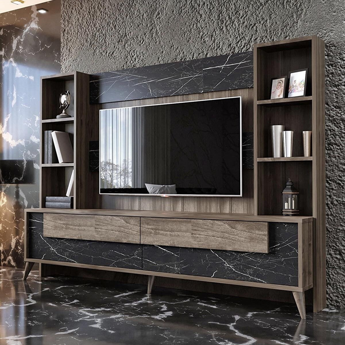 Stand de TV con gabinetes de pared de 184 cm de madera de mármol | Grindelwald